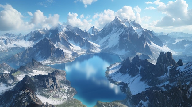Vista aérea de um lago de montanha coberto de neve