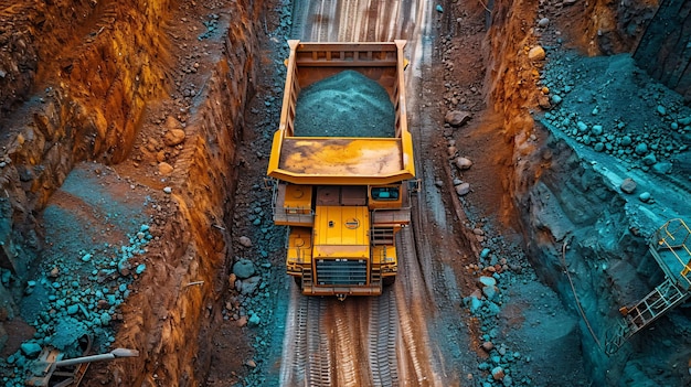 Foto vista aérea de um local industrial com classificação de materiais e mineração de minerais coloridos usando equipamentos pesados no fundo