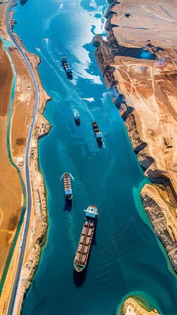 Vista aérea de um majestoso canal com navios de carga navegando por ele, mostrando o papel vital das rotas comerciais marítimas