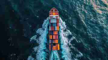 Foto vista aérea de um navio marítimo de carga com contrail navegando no vasto oceano perfeito para discutir o transporte de mercadorias impulsionado pela tecnologia e soluções de serviço inteligentes