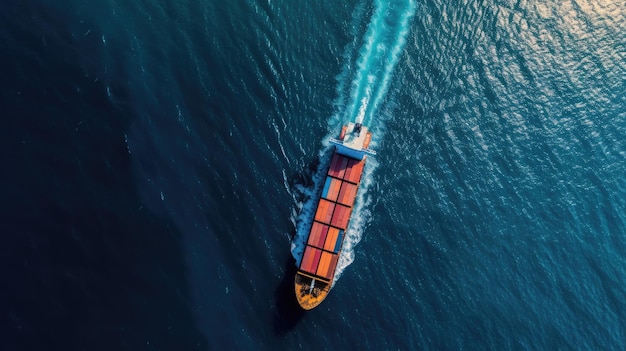 Vista aérea de um navio marítimo de carga com contrail navegando no vasto oceano Perfeito para discutir o transporte de mercadorias impulsionado pela tecnologia e soluções de serviço inteligentes