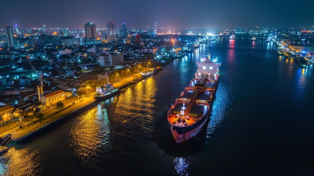 Vista aérea de um navio-tanque de petróleo ou um navio de carga de petróleo carregando no porto à noite na Tailândia