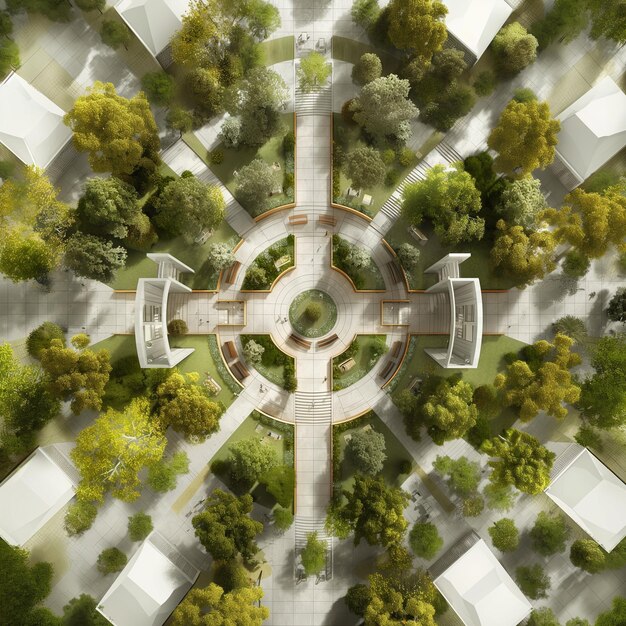 vista aérea de um parque com uma fonte cercada por árvores