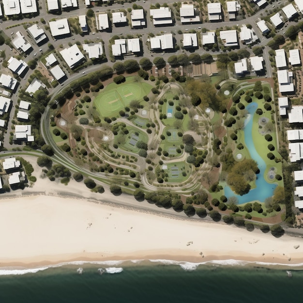 Vista aérea de um parque costeiro com campos esportivos de praia e um parque infantil