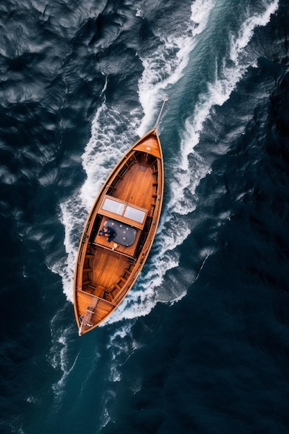 Vista aérea de um pequeno barco no meio do oceano