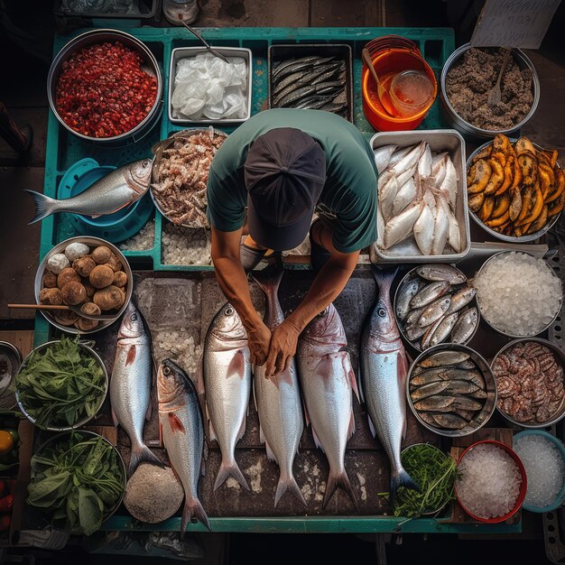 Foto vista aérea de um pescador arranjando frutos do mar em uma barraca de mercado durante uma manhã