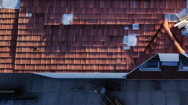 vista aérea de um reparador de construção de telhado em um apartamento residencial com uma nova telha de telhado