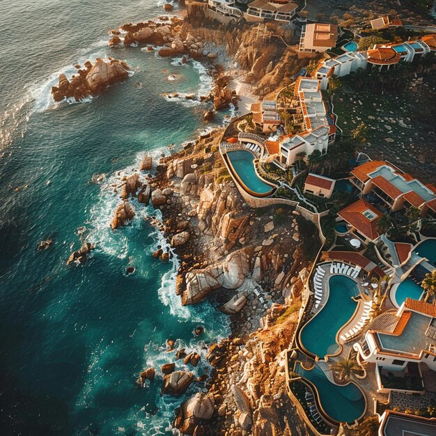 Foto vista aérea de um resort de luxo nas falésias ao longo da costa de cabo san lucas, na baixa califórnia