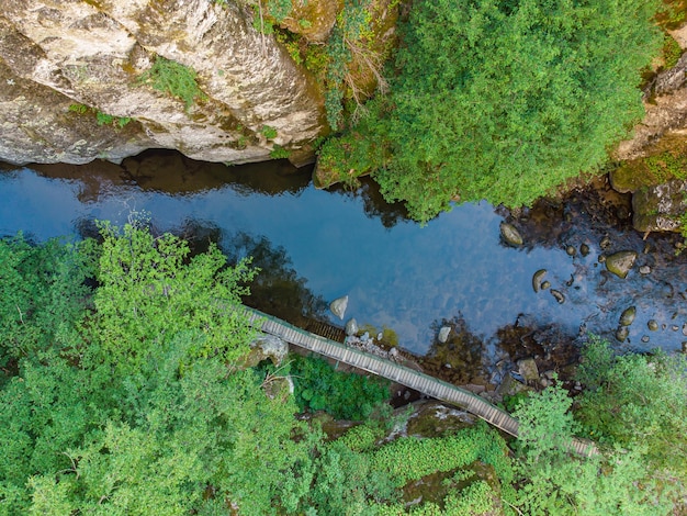 Vista aérea de um riacho na floresta nas Montanhas Rhodope, perto da cidade de Devin