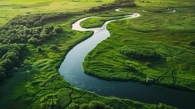 Foto vista aérea de um rio sinuoso através de prados verdes e exuberantes