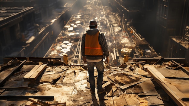 Vista aérea de um trabalhador da construção no canteiro de obras