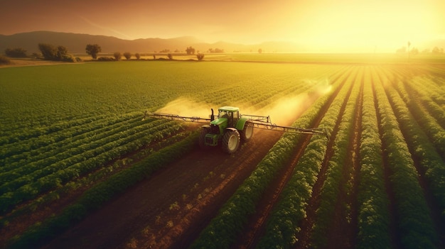 Vista aérea de um trator pulverizando pesticidas em uma plantação de soja verde em Sunset