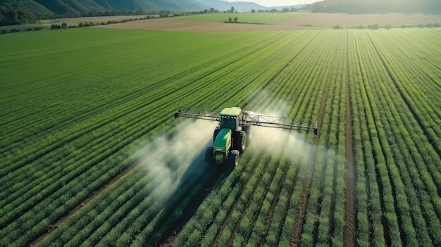 Foto vista aérea de um trator pulverizando pesticidas no campo com um pulverizador