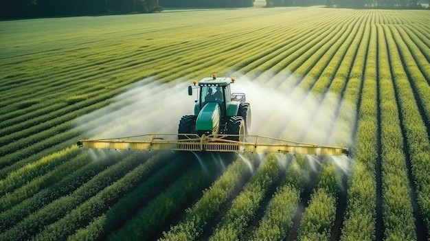 Foto vista aérea de um trator pulverizando pesticidas no campo com um pulverizador