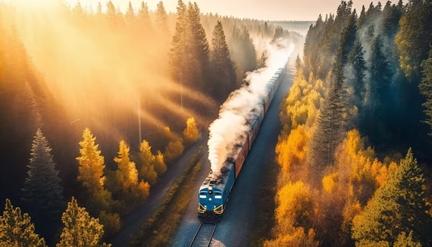 Vista aérea de um trem de carga em uma bela floresta no nevoeiro ao nascer do sol no outono