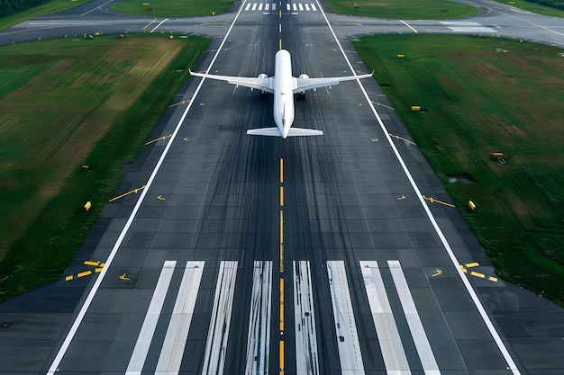 Foto vista aérea de um único avião decolando da pista do aeroporto conceito fotografia aérea cenas do aeroporto indústria da aviação momento de decolagem