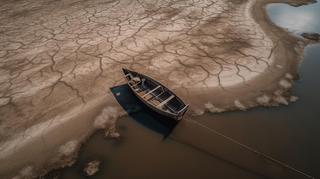 Vista aérea de um único barco de pesca na superfície seca de uma vista superior do leito de um lago seco