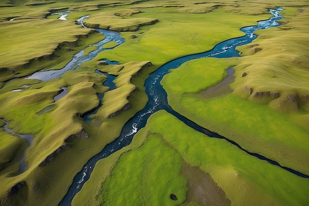 Vista aérea de um vale verde com um pequeno rio nas terras altas da Islândia