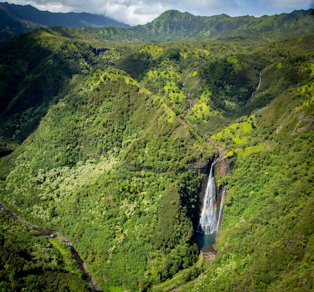 Vista aérea de um vale verde em Kauai, Havaí