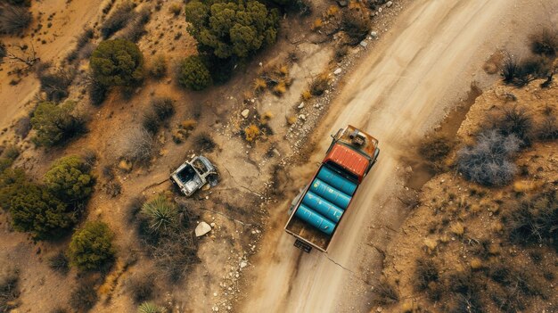 Foto vista aérea de um velho caminhão cheio de barris azuis em uma estrada desértica de terra