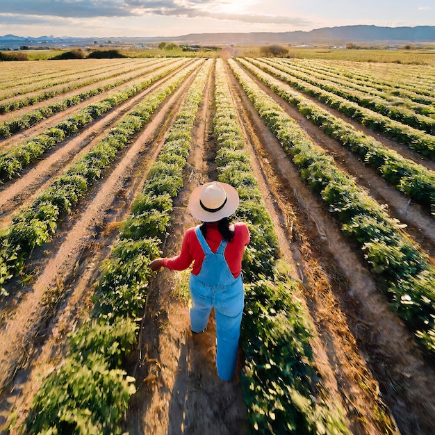 Vista aérea de uma agricultora em macacão supervisionando fileiras de colheitas inclinada para trás enquanto ela tende a ha...