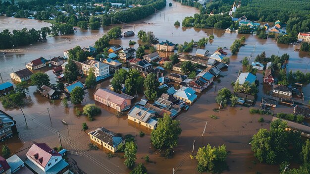 Vista aérea de uma aldeia inundada no meio do rio