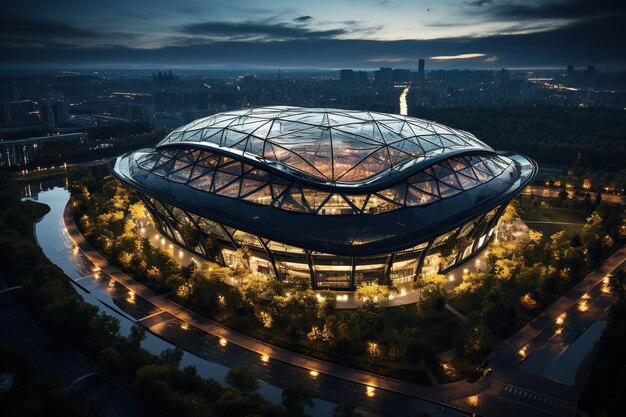 Vista aérea de uma arena de campo de esportes à noite