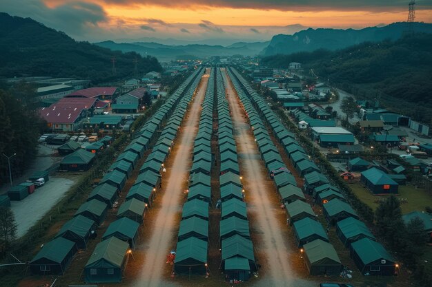 Vista aérea de uma base militar com fileiras de quartéis e instalações bem dispostas