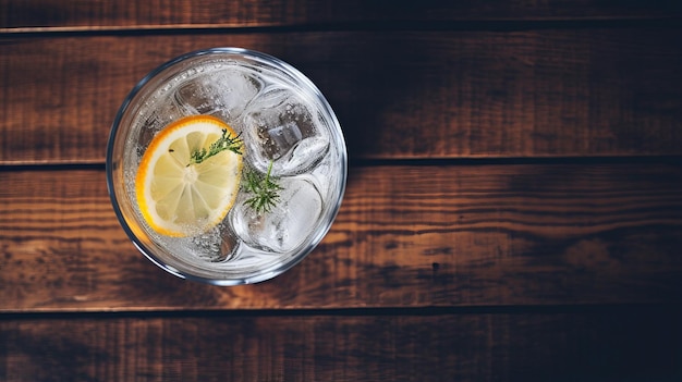 Vista aérea de uma bebida de gin com fatia de limão em uma mesa de madeira