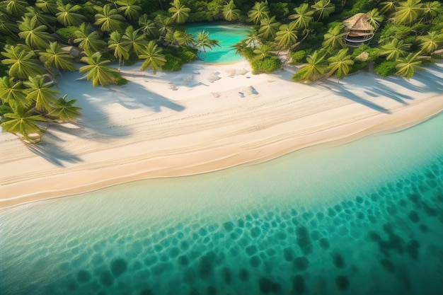 Vista aérea de uma bela praia tropical e do mar com uma palmeira de coco