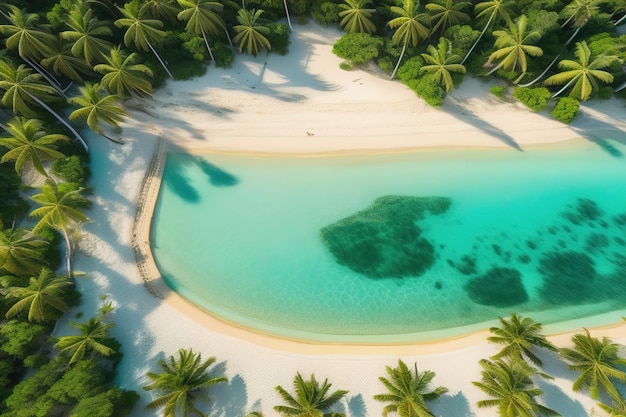 Vista aérea de uma bela praia tropical e do mar com uma palmeira de coco