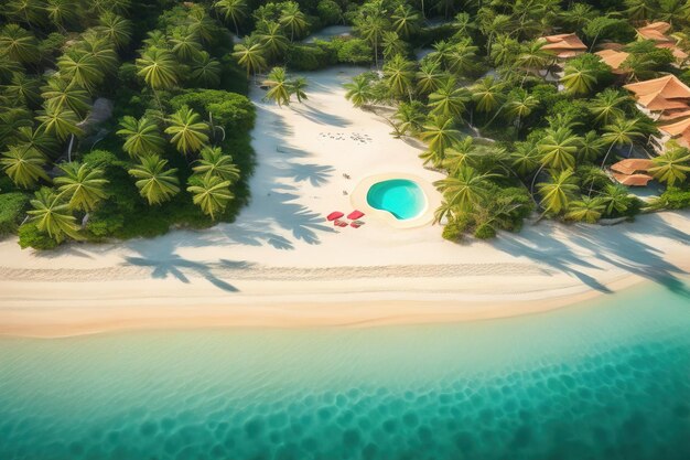 Vista aérea de uma bela praia tropical e do mar com uma palmeira de coco