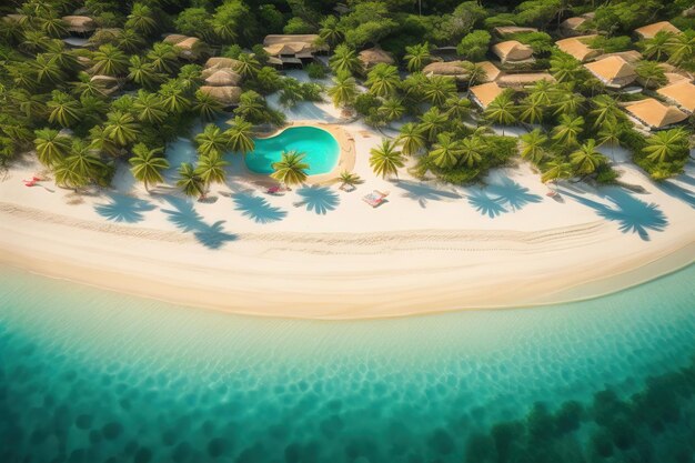 Vista aérea de uma bela praia tropical e do mar com uma palmeira de coco