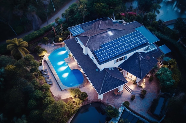 Vista aérea de uma casa com painéis solares azuis brilhantes no telhado