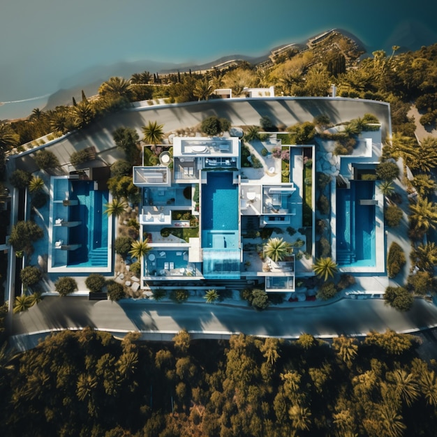 vista aérea de uma casa de luxo com piscina e praia generativa ai