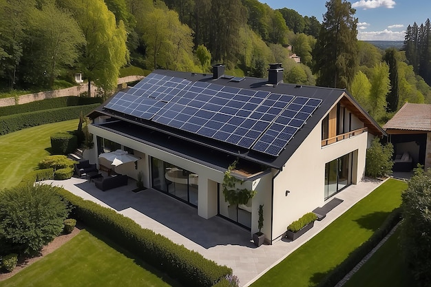 Vista aérea de uma casa particular com painéis solares no telhado