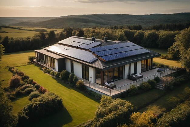 Vista aérea de uma casa particular com painéis solares no telhado