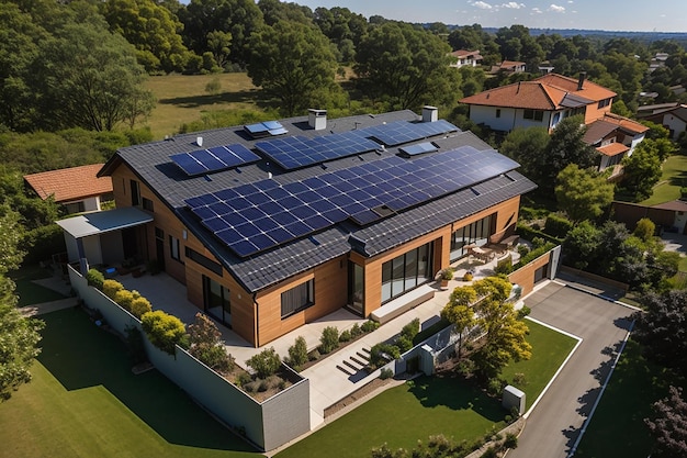 Vista aérea de uma casa particular com painéis solares no telhado