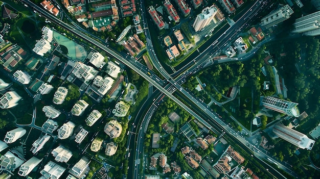 Vista aérea de uma cidade e uma rodovia com relações espaciais dinâmicas