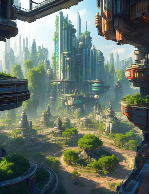 Vista aérea de uma cidade solarpunk
