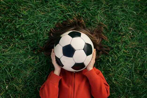 Foto vista aérea de uma criança deitada na grama verde segurando uma bola de futebol