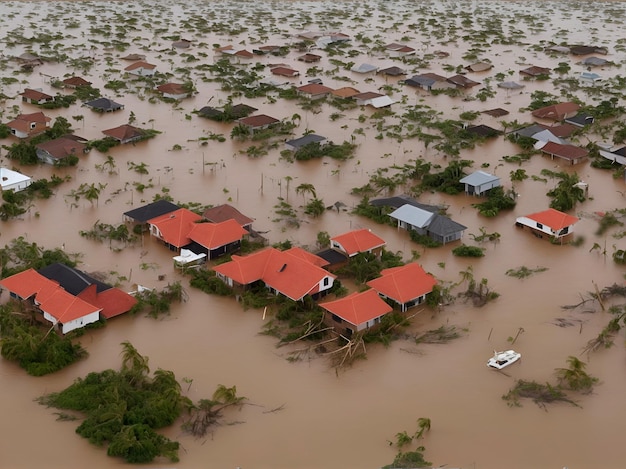 Foto vista aérea de uma enchente em uma área de casas