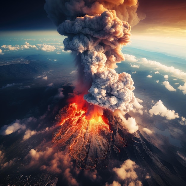 Foto vista aérea de uma erupção vulcânica