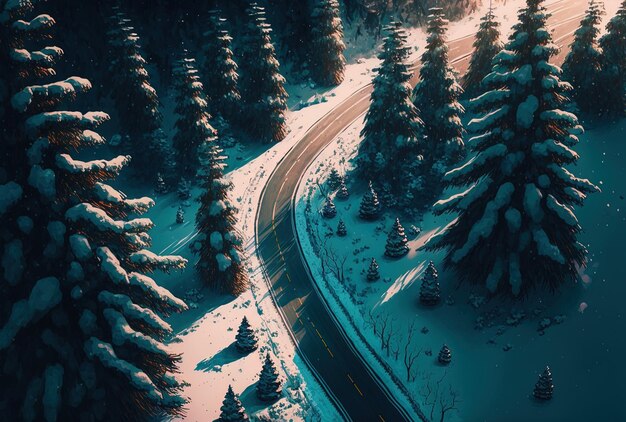 Vista aérea de uma estrada ao lado de pinheiros cobertos de neve