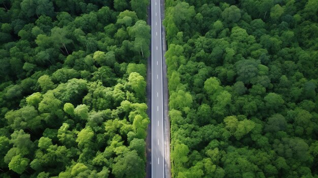 Vista aérea de uma estrada através de uma floresta verde