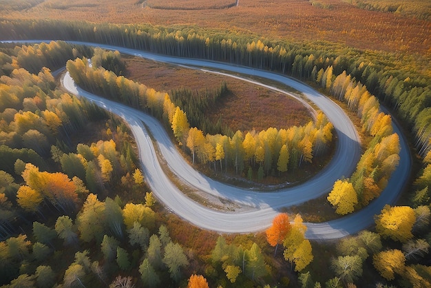 Vista aérea de uma estrada de cascalho sinuosa e uma floresta colorida no outono em Vorumaa, na Estônia