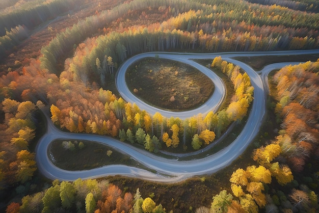 Vista aérea de uma estrada de cascalho sinuosa e uma floresta colorida no outono em Vorumaa, na Estônia