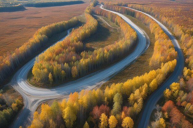 Vista aérea de uma estrada de cascalho sinuosa e uma floresta colorida no outono em Vorumaa, na Estônia