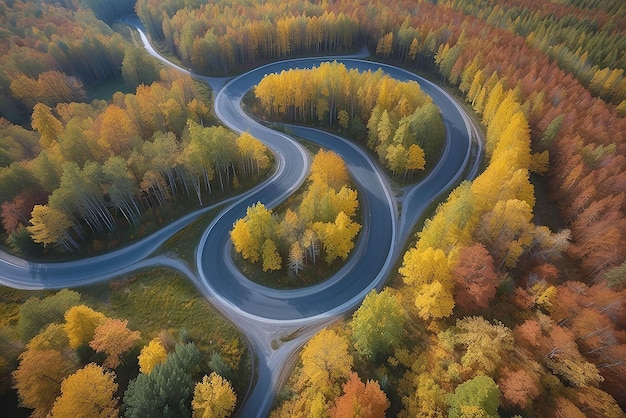 Vista aérea de uma estrada de cascalho sinuosa e uma floresta colorida no outono em Vorumaa, na Estônia