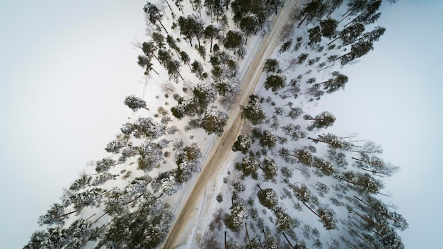 Vista aérea de uma estrada de inverno Paisagem de inverno Campo Fotografia aérea de floresta de neve Capturada de cima com um drone Fotografia aérea